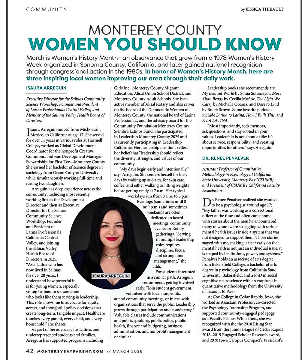 CSWSalinas's tweet photo. Thank you to @montereybayparent for featuring our Executive Director, Isaura Arreguin, in their recent article, “Monterey County Women You Should Know”!! Head over to their account/page to read it.👩‍💼🎉🏋️‍♀️
#womeninstem #montereycounty #stem #womenshistorymonth https://t.co/n8YJPskNFA