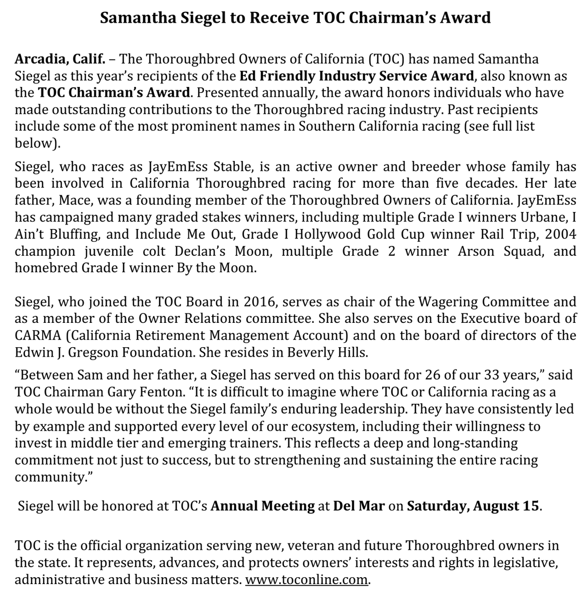 toc_racing's tweet photo. A well-deserved honor for a lifelong leader in California racing. Congratulations to Samantha Siegel (@jayemesssam) on being named the TOC Chairman’s Award recipient, recognizing her enduring impact and commitment to the Thoroughbred industry. https://t.co/5mJhBJmD3x