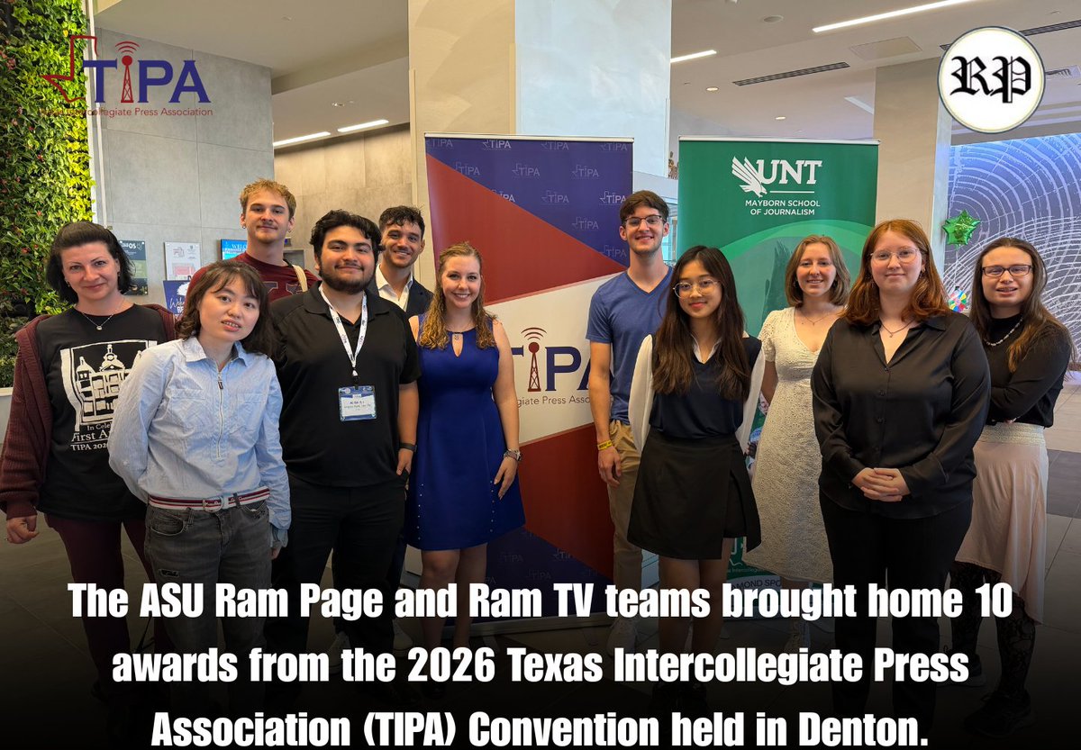 ASURamPage's tweet photo. ASU Ram Media Wins 10 Awards at the 2026 TIPA Convention held in Denton. “It was wonderful,” AJ Garcia, a student from Ram TV, said. 🏆
✍️: Katie Scholl
#RamFam #AngeloState #RamMedia #TIPA2026
Link in bio! https://t.co/N738BaJYnN
