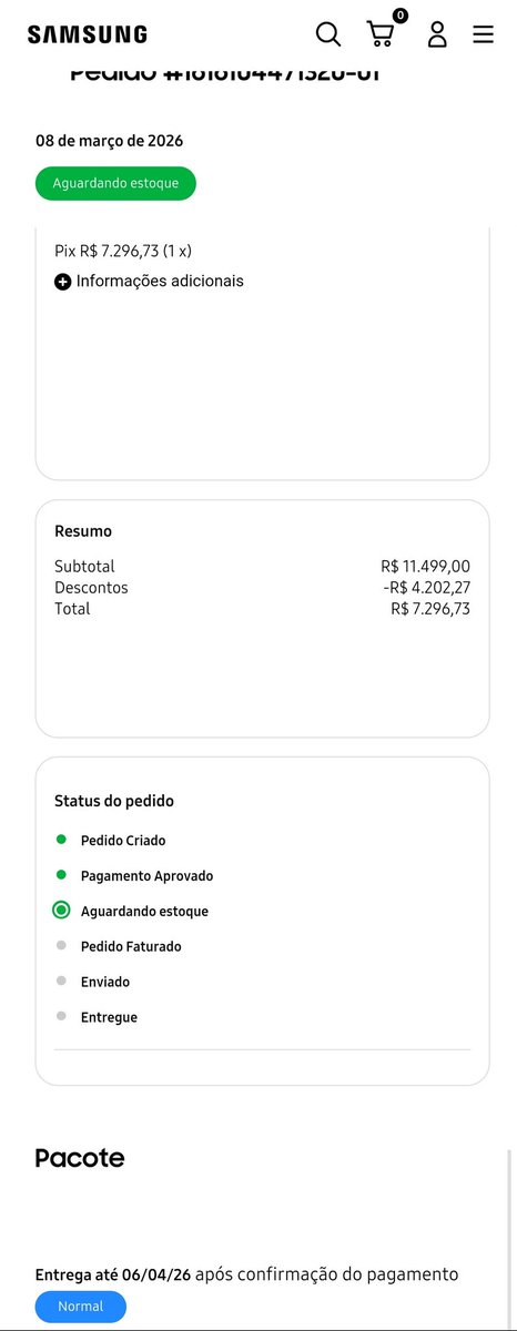 itsmebraz's tweet photo. @SamsungBrasil @SamsungBrasil comprei um s26u dia 08/03 e até hj esperando estoque para faturar. Se comprar hj no ML chega sábado, se comprar na SS chega no mesmo dia previsto da minha compra. Pré-venda é para fazer os clientes de palhaço? 
Parece até que estou ganhando e não q paguei 7k no PIX https://t.co/ScujwPDnfl