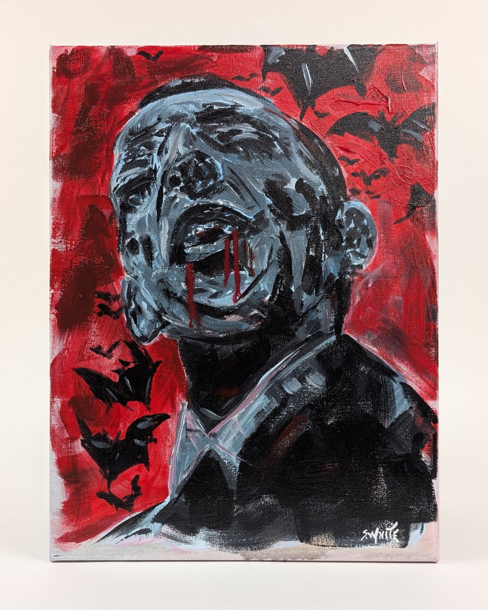 seekrbots's tweet photo. “Vampire’s Call”
He screams into the blood-red void—mouth agape, crimson rivers dripping from his lips, eyes wide with primal hunger as a swarm of bats erupts around him. Pure gothic terror and insatiable thirst captured in raw, visceral strokes.
Acrylic on canvas – still calling, still hungry.
12"x16"