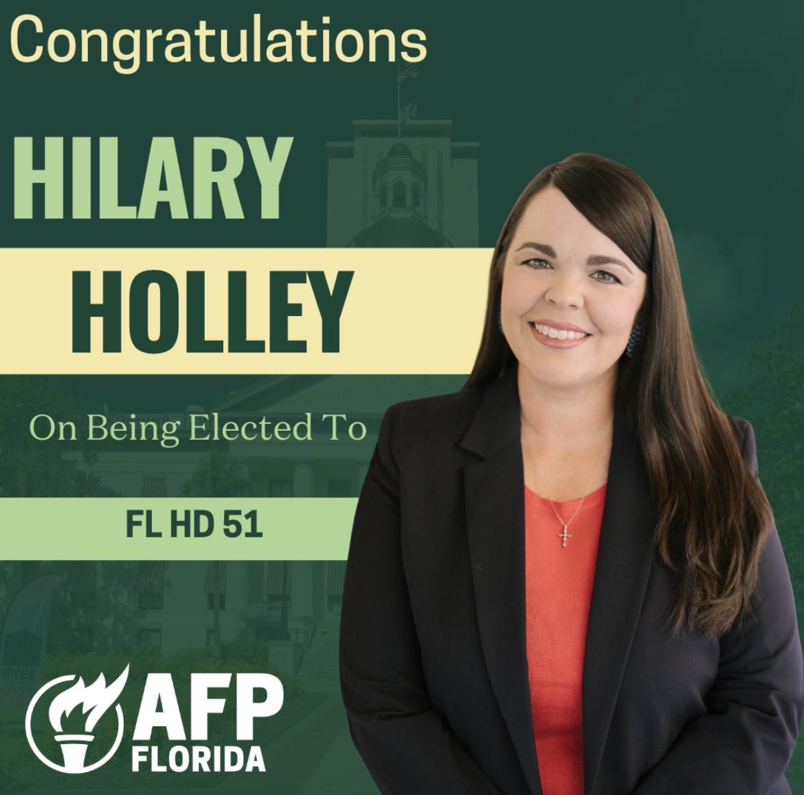 Congratulations to Hilary Holley on winning your election in Florida House District 51! A strong win for HD-51 and an exciting moment for Florida. <a href="/AFPhq/">Americans for Prosperity</a>