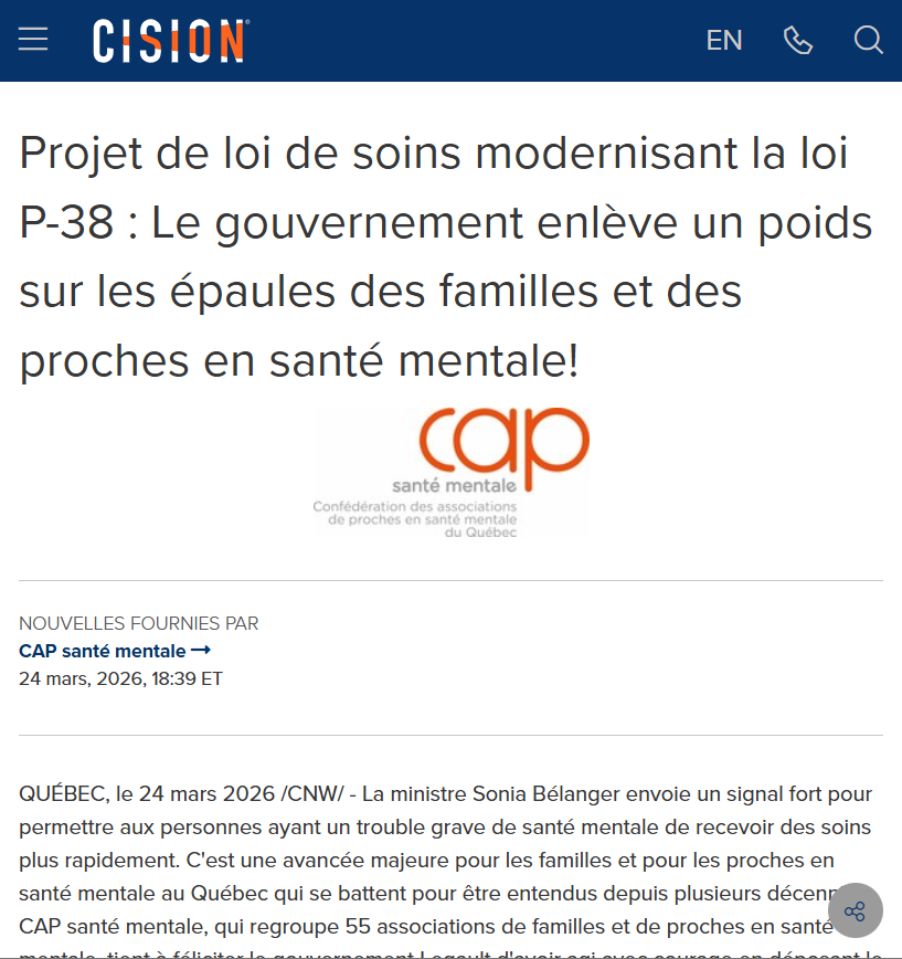 CAP_SMQ's tweet photo. 📣 Projet de loi de soins modernisant la loi P-38 : Le gouvernement enlève un poids sur les épaules des familles et des proches en santé mentale!

Voir le communiqué : https://t.co/iAMbMW36EX

@SBelangerCAQ 
@SJB_CAQ https://t.co/pQAFnI1v9o