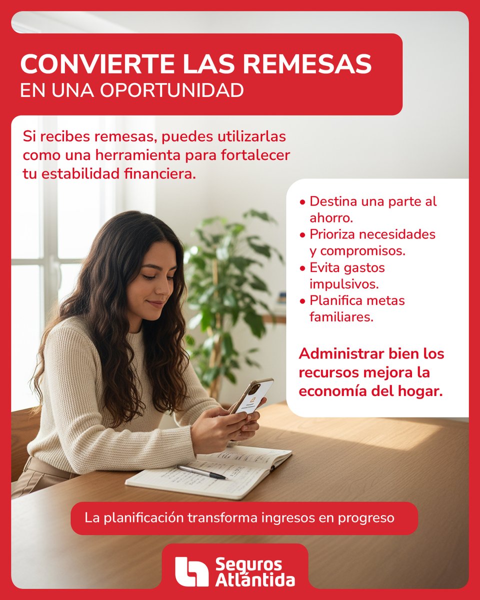 SegAtlantida's tweet photo. Las remesas pueden convertirse en una herramienta clave para fortalecer tu estabilidad financiera.

Planificar, priorizar y administrar con intención te permite transformar ingresos en verdadero progreso para tu hogar.

Da el siguiente paso hacia tu tranquilidad financiera y cotiza aquí: 👉 https://t.co/oFrSUOmZPr

#EducaciónFinanciera #SegurosAtlántida