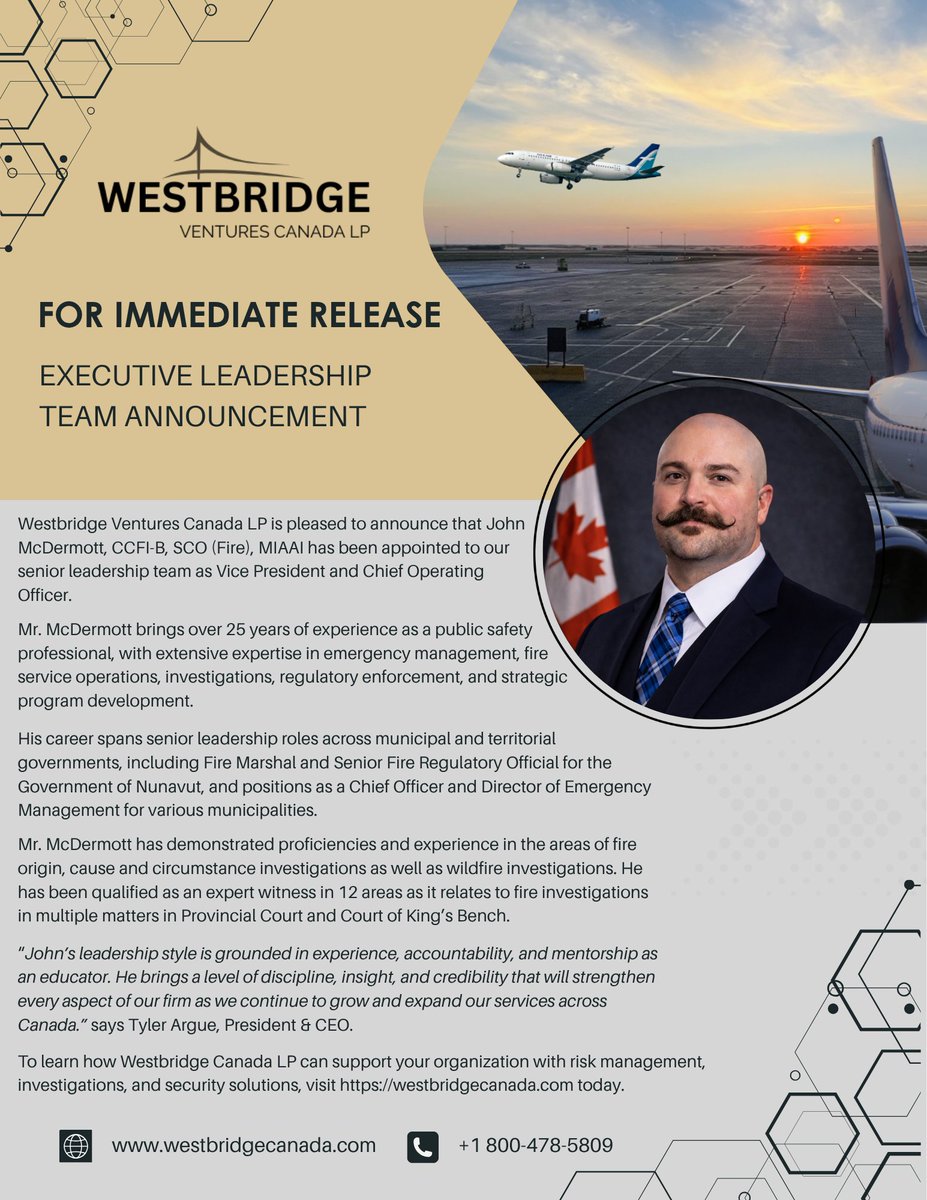 We are pleased to announce that John McDermott has been appointed as Vice President and COO of Westbridge Ventures Canada LP.  You can read our full annoucement here.👇