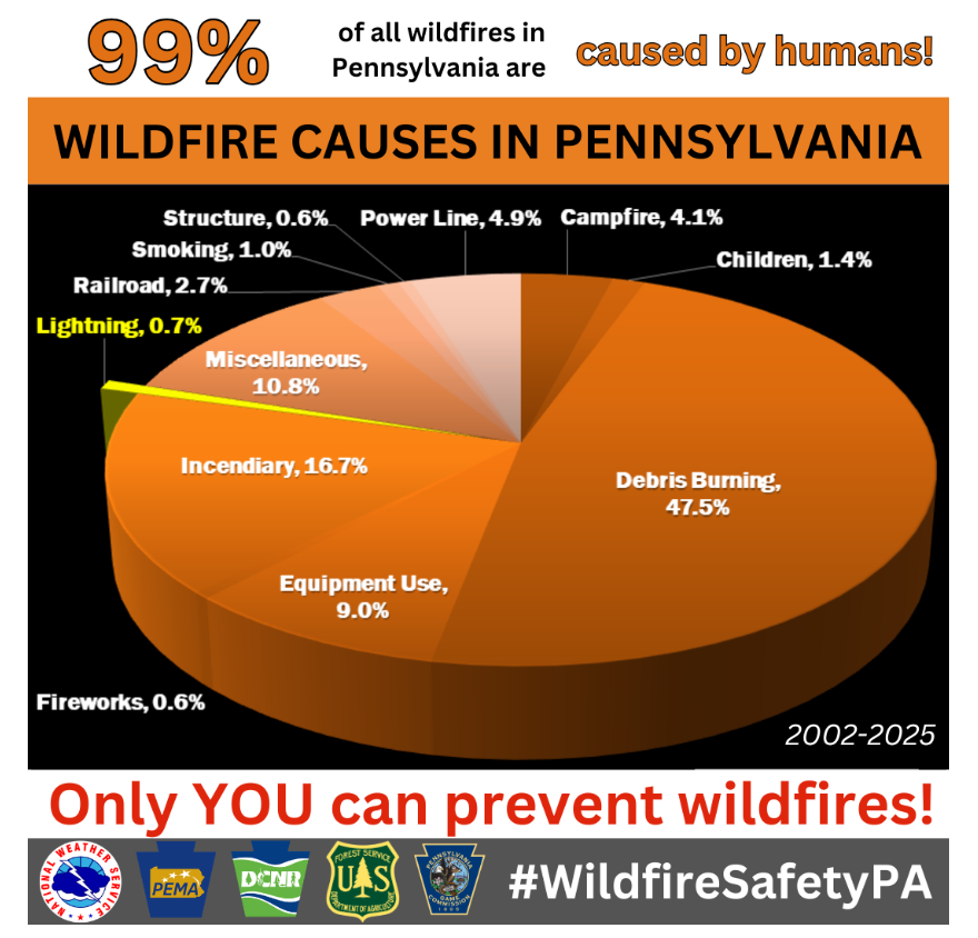 NWSPittsburgh's tweet photo. According to the Pennsylvania Department of conservation and Natural Resources, humans have caused 99% of all wildfires in PA since 2002!
⚡️ Lightning accounted for less than 1% of wildfires
🔥 The rest are the result of humans
🫵 Only YOU can prevent wildfires!
#WildfireSafetyPA https://t.co/o1B6rSujlf