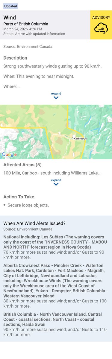Kamscan's tweet image. Shared: Wind Alert - Parts of British Columbia #kamloops south thompson alertable.ca/#/incidents/ur…