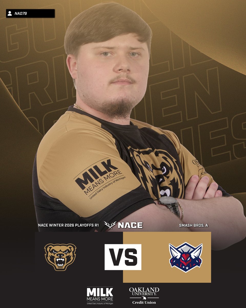OaklandEsports's tweet photo. The Playoffs Begin for the Golden Grizzlies Smash Bros A Team! Coming into the National Playoffs as the #5 Seed, we are ready to start our journey to the National Championships in Orlando!
Tune in and watch us get that #OUWin!
🆚 @ShenUesports
⏰ 8:30 PM
📺 https://t.co/U1Sxkqqoah
▶️ @NACEsports