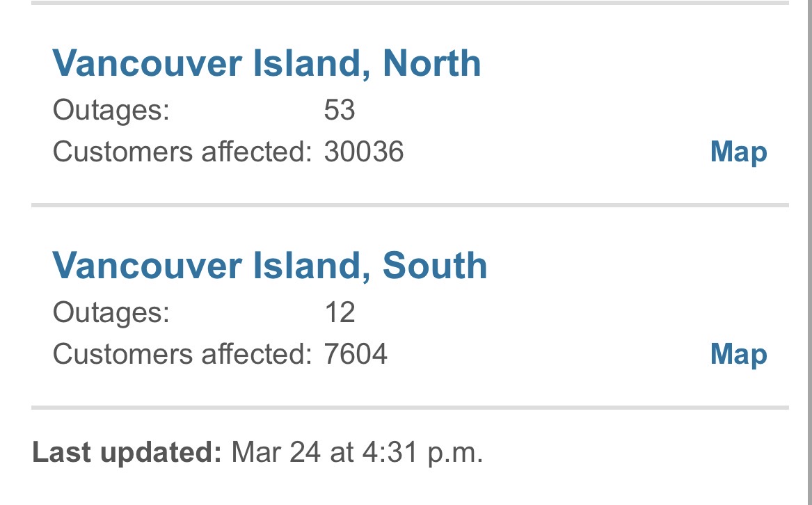 cfax1070's tweet image. .@bchydro outages spike as another #March #windstorm whips across #Vancouver island #yyj