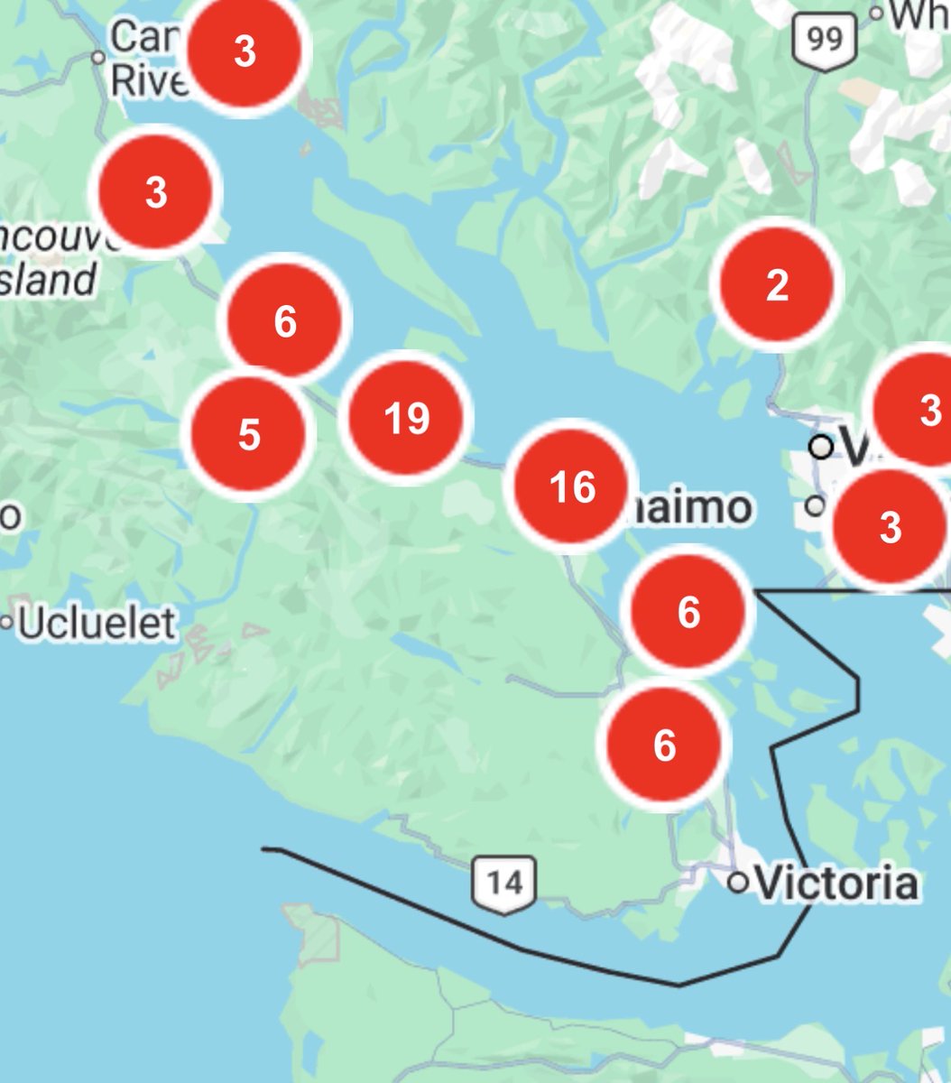 cfax1070's tweet image. .@bchydro outages spike as another #March #windstorm whips across #Vancouver island #yyj