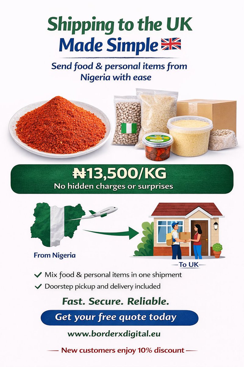 BorderXLtd's tweet photo. Naija to UK shipping just got simple

✔ Flat rate: ₦13,500/kg
✔ Mix food &amp; personal items
✔ No hidden charges
✔ Door-to-door service

👉 Get your quote today:
https://t.co/XZBIVscPjj

🔥 New customers get 10% off

#Logistics #UKShipping #NigeriaToUK #FreightForwarding #UK https://t.co/pzudnPiAKY