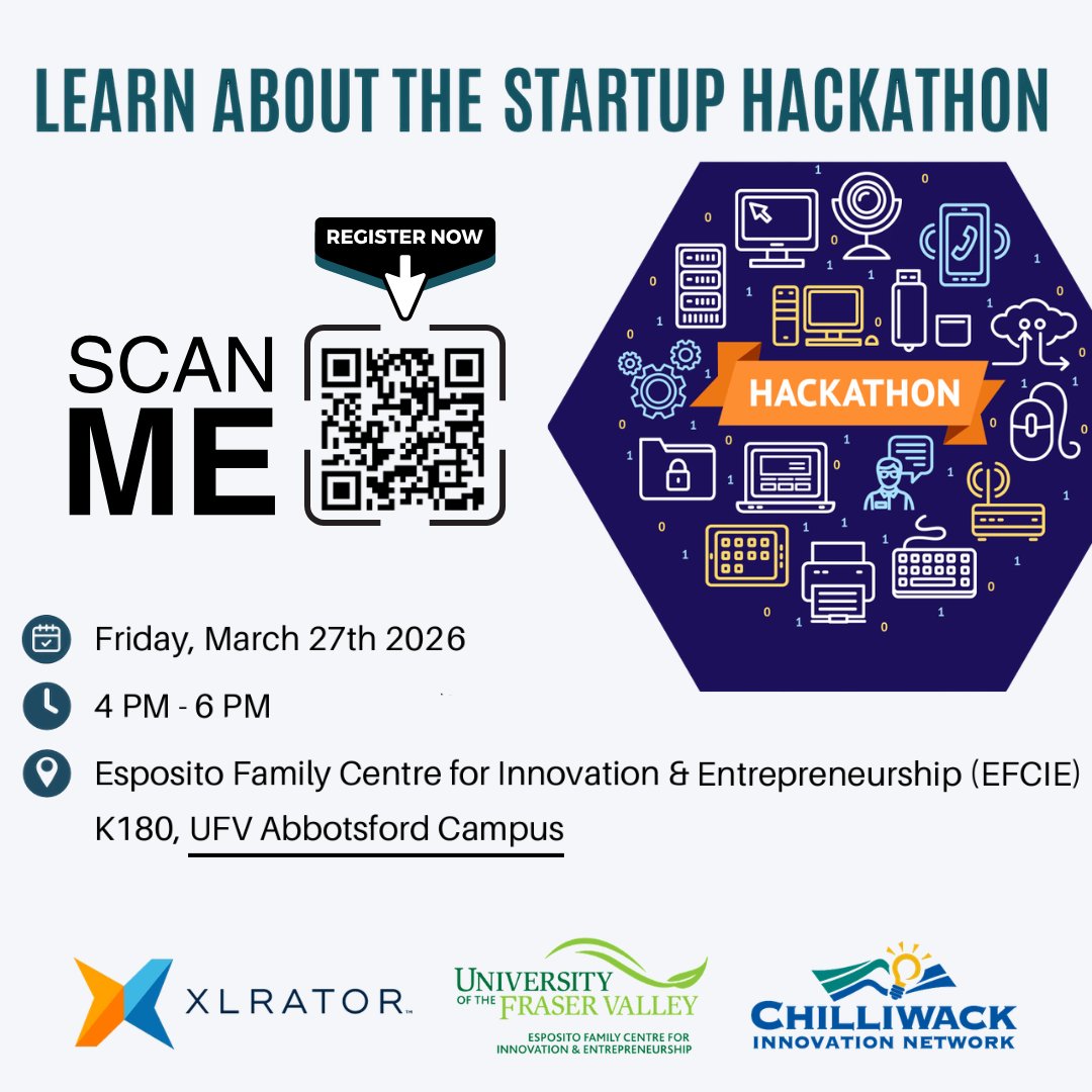 Zynim_Inc's tweet photo. Curious about the 2026 Startup Hackathon? This pre‑event at UFV Abbotsford Campus on March 27th, 2026 is your chance to learn, connect, and get inspired. Get involved early, meet potential teammates and get the inside scoop. Scan the QR Code to register today! https://t.co/CDpDHHecZq