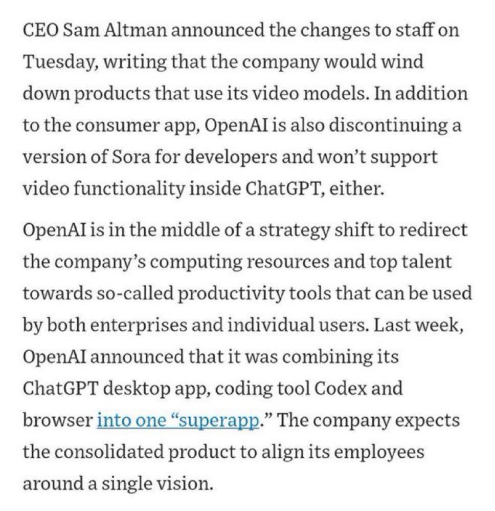 Yoshicrab's tweet photo. OpenAI reallocating resources + top talent…
Sounds like they’re tightening focus.
Tbh this might be a good thing—less distraction, more execution. Let’s see if it pays off.
#sora #openai #ai  #Chatgpt https://t.co/6DpEoGnVgZ