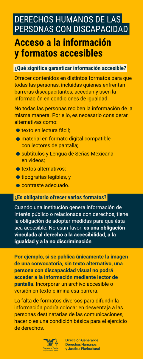 ddhh_scjn's tweet image. ⁉️ La accesibilidad también implica que la información esté disponible en diversos formatos para garantizar que todas las personas accedan a ella, lo cual es parte del derecho a la igualdad. ¿Por qué la comunicación accesible promueve la inclusión?

#Accesibilidad #PCD #DGDHJP