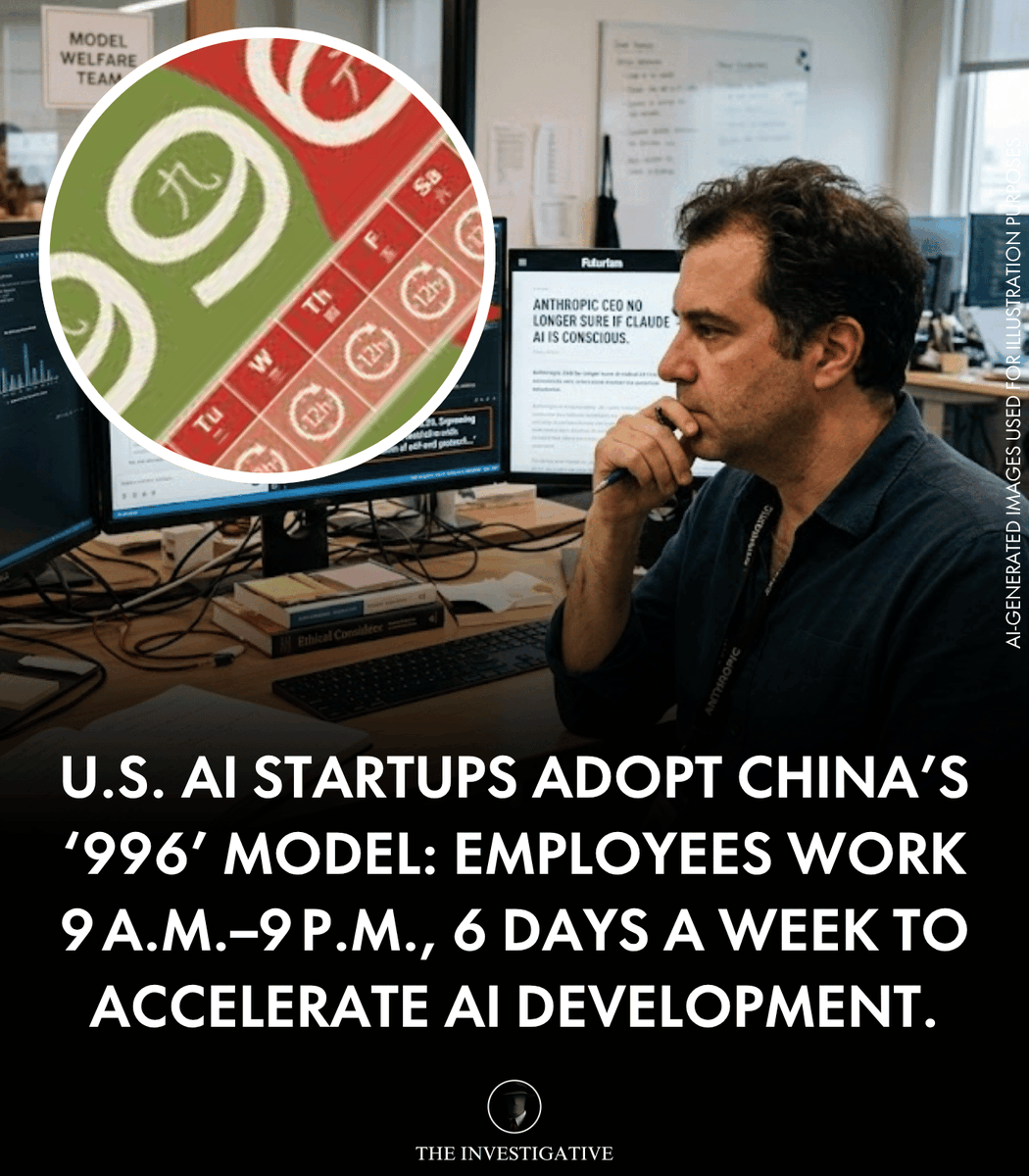 AnonymousNewsHQ's tweet image. “996” (9 a.m.–9 p.m., six days a week) is spreading from China to some U.S. AI startups. Supporters say it boosts innovation, while critics warn of burnout and poor work-life balance. 

#fblifestyle #996Workweek #TechIndustry #ArtificialIntelligence #WorkLifeBalance