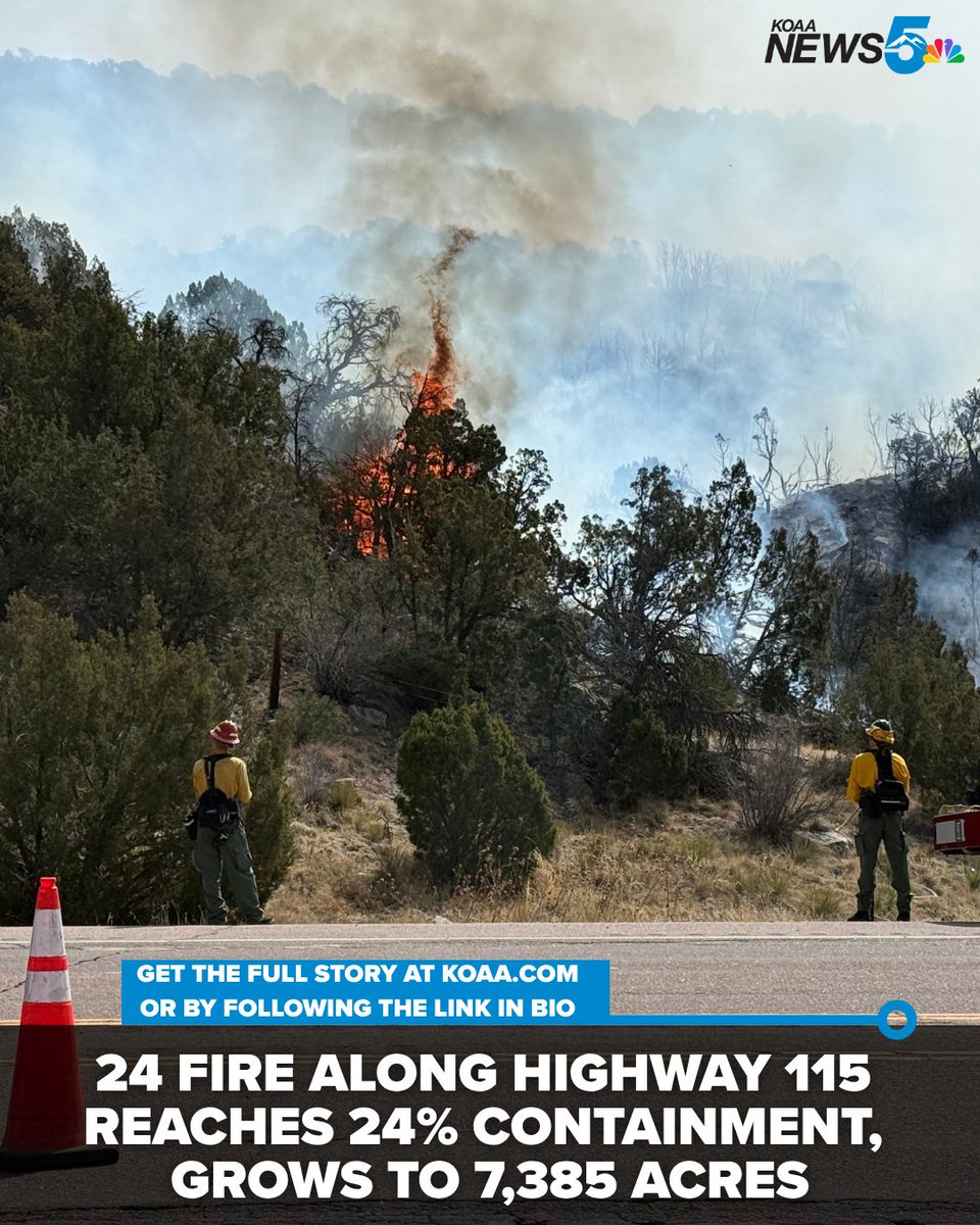KOAA's tweet photo. The 24 Fire burning along Highway 115 remains at 24% containment. It has burned around 7,385 acres.
More at: https://t.co/8CEWZnWNSD
#24fire #highway115fire https://t.co/jFtFCjfiwF
