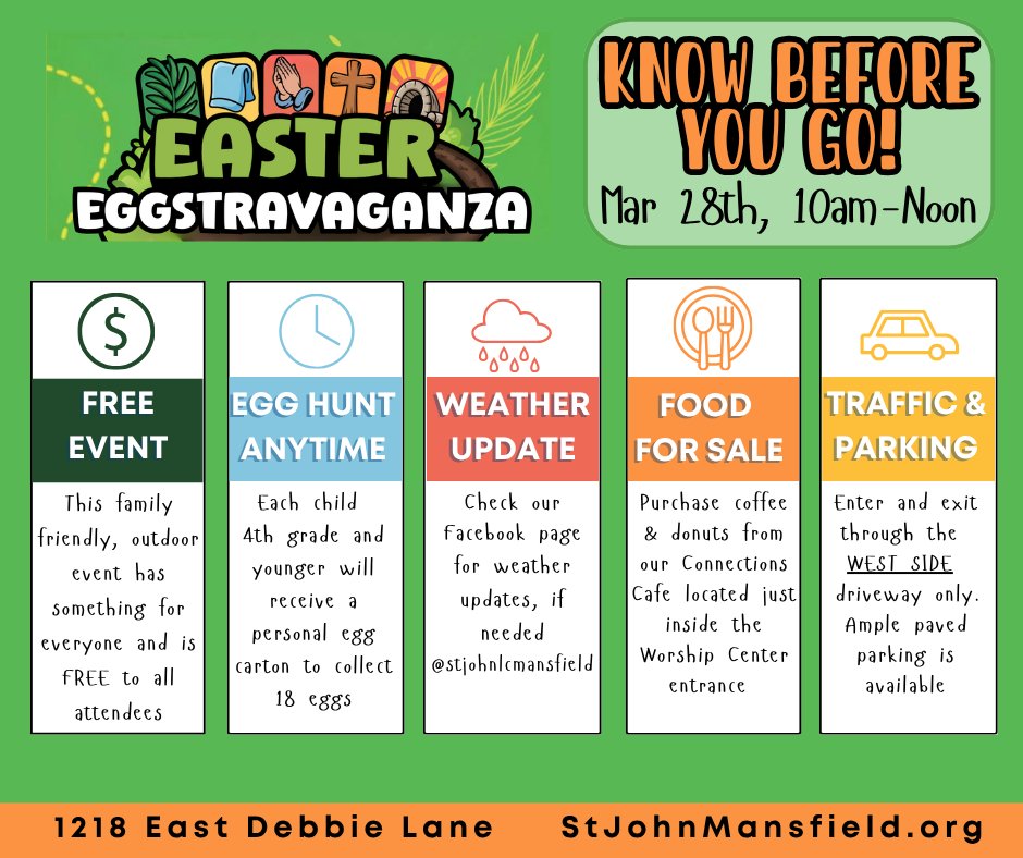 StJohnMansfield's tweet photo. Know Before You Go to the Easter Eggstravaganza this Saturday between 10am and 12pm! Bring the whole family and enjoy this outdoor event. 

#easteratstjohn #StJohnMansfield #EggHunt #TheStoryofJesus #Easter https://t.co/gdmt3AUja6