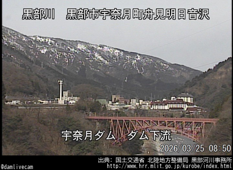 damlivecam's tweet photo. 宇奈月ダム
貯水位：244.02m
全流入量：12.19m³/s
全放流量：9.8m³/s
取得日時: 2026/03/25 09:00
URL: https://t.co/foO9vRI886
出典: 国土交通省 北陸地方整備局 黒部河川事務所
#ダム #Dam #ダムライブ  #宇奈月ダム https://t.co/Vu2palo6WD