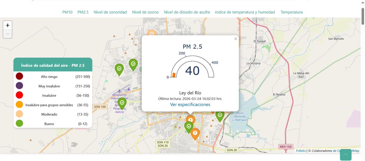 🚨 Así se encuentra hoy la calidad del aire en el sector donde se ubica el Sam’s incendiado en Hermosillo.

🚨 Hoy 24 de marzo, al consultar a las 4:52 p. m. la página de REMAH, la estación Ley del Río mostraba una última lectura de PM2.5 en 40, nivel insalubre para grupos