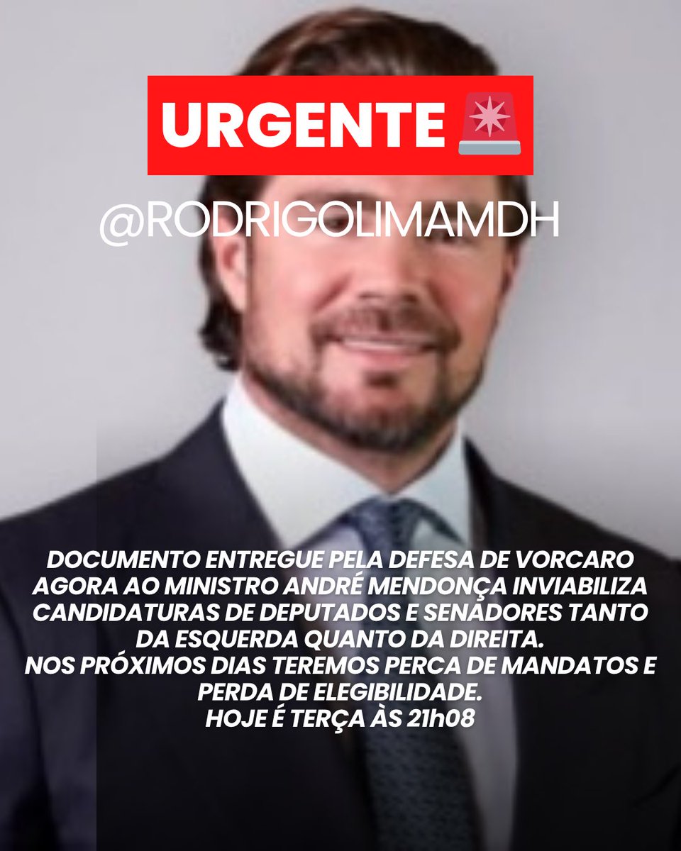 URGENTE 🚨 
DOCUMENTO ENTREGUE PELA DEFESA DE VORCARO AGORA AO MINISTRO ANDRÉ MENDONÇA INVIABILIZA CANDIDATURAS DE DEPUTADOS E SENADORES TANTO DA ESQUERDA QUANTO DA DIREITA.
NOS PRÓXIMOS DIAS TEREMOS PERCA DE MANDATOS E PERDA DE ELEGIBILIDADE.
HOJE É TERÇA ÀS 21h08