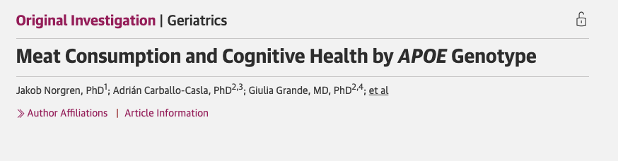 Metabolic_Mind's tweet photo. 🧵A new study in JAMA Network Open found: among ApoE4 carriers, the highest genetic risk group for Alzheimer's, higher meat consumption was associated with a LOWER risk of dementia.

Not higher. Lower.

This directly challenges what many people have been told about dietary risks of ApoE4.