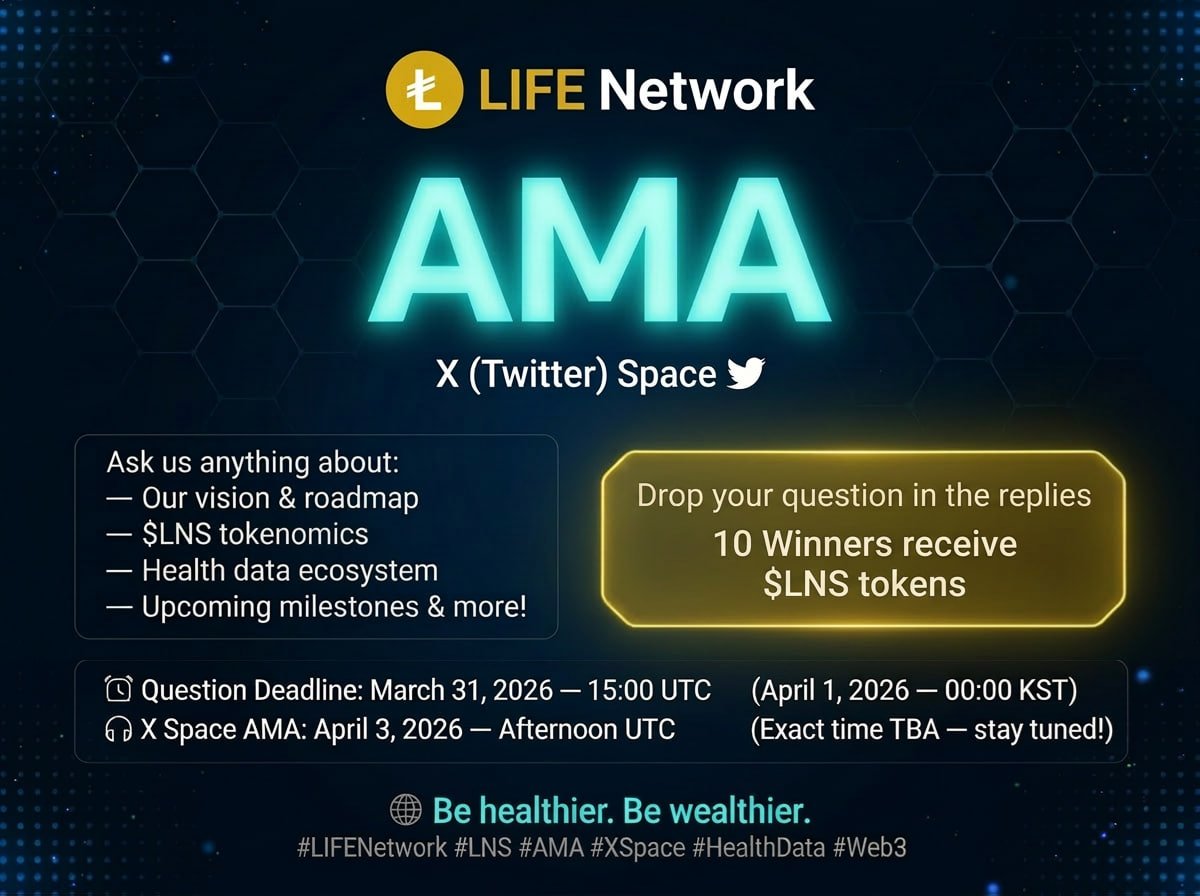 lifenetwork_io's tweet photo. 🎙 LIFE Network — AMA Announcement!

We're excited to host our X (Twitter) Space AMA for $LNS! 🚀

Ask us anything about:
👉 Our vision & roadmap
👉 $LNS tokenomics
👉 Health data ecosystem
👉 Upcoming milestones & more!

💬 How to participate & win $LNS:
Simply drop your question in the replies below!
10 lucky participants will be randomly selected and rewarded with $LNS tokens 🏆

⏰ Question Deadline
March 31, 2026 — 15:00 UTC
(April 1, 2026 — 00:00 KST)

🎧 X Space AMA
April 3, 2026 — Afternoon UTC
(Exact time TBA — stay tuned!)

🌐 Be healthier. Be wealthier.

#LIFENetwork #LNS #AMA #XSpace #HealthData #Web3