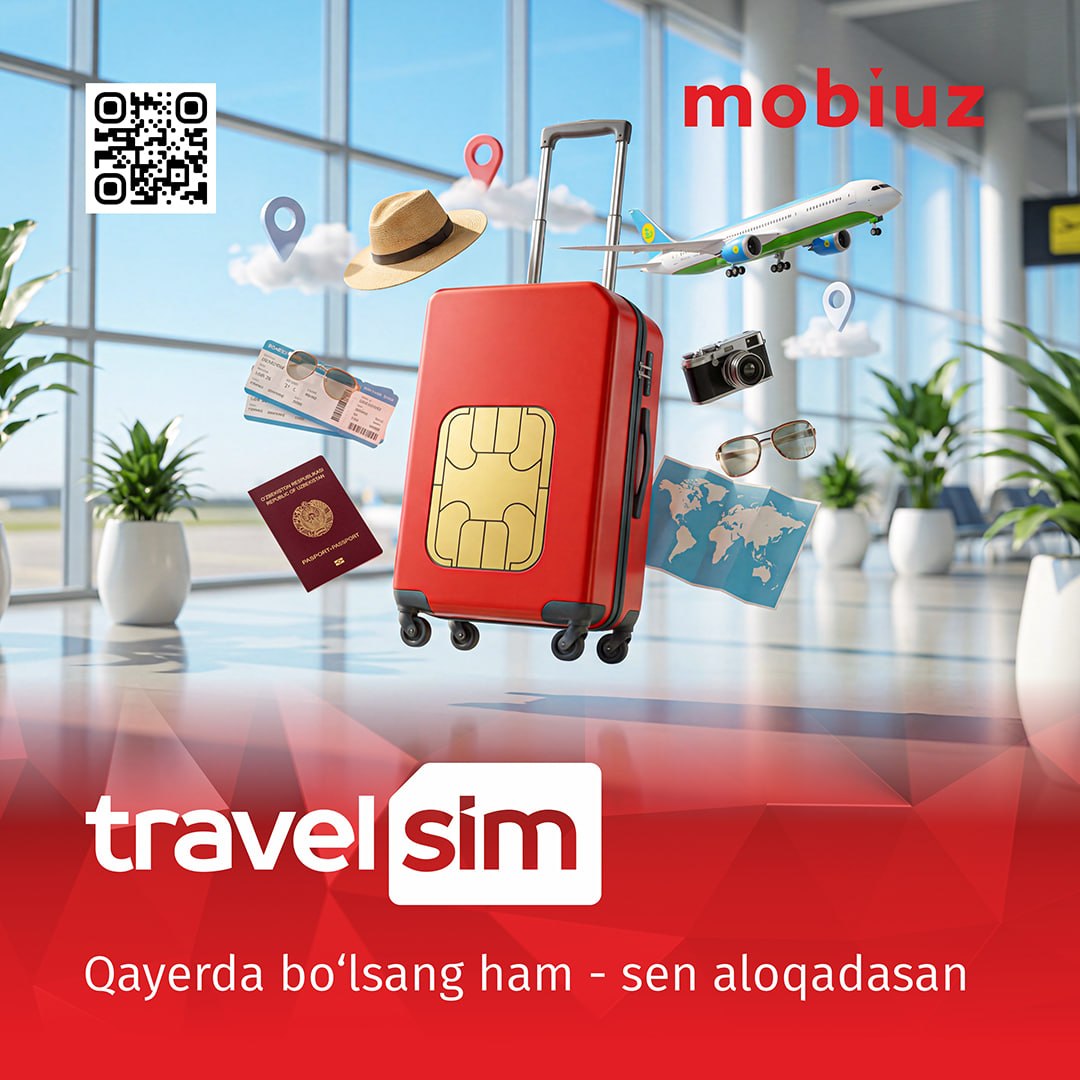 Mobiuz’dan Travel SIM bilan sayohat qiling!
Shunchaki Mobiuz ilovasi (s.mobi.uz/asii) orqali Travel-SIM’ni ulang. 
Servisni mobil ilovaning "Boshqa" bo‘limidan topishingiz mumkin.
Muhim: eSIM tashqi hamkorlar tomonidan taqdim etiladi va Mobiuz raqamlariga tegishli emas.