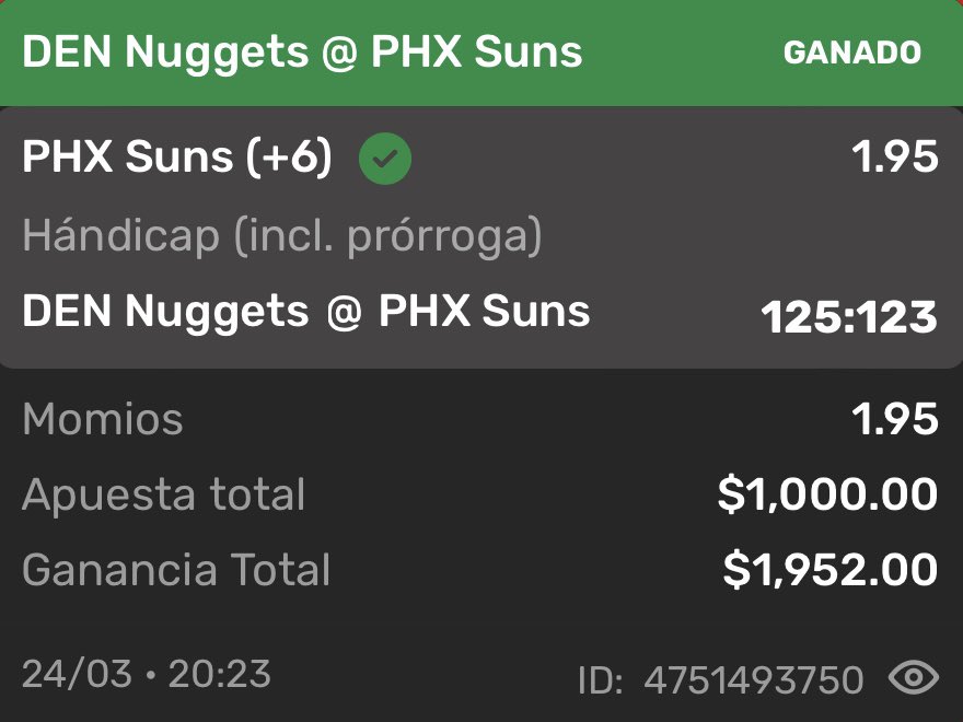 A COBRAR SE AH DICHO🏀
SUNS +6 ✅ 
ESTOY MUY DURO💰💰💰LO MEJOR DE TODO ES QUE FUE GRATIS💙