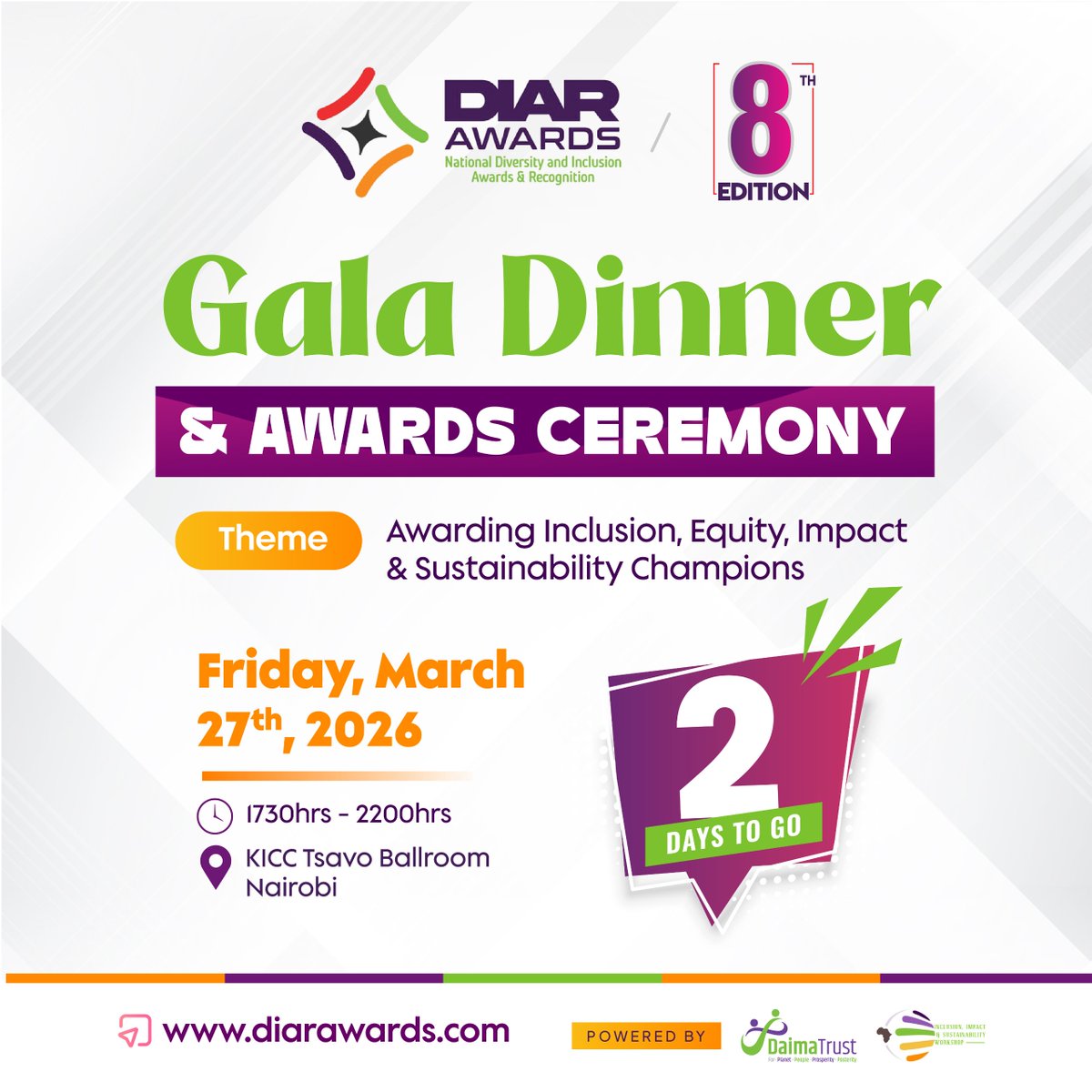 DIAR_Awards's tweet photo. Only Two (2) Days to Go.

The stage is set for a defining national moment.

In just 48 hours, leaders, institutions, and changemakers from across Kenya will gather at the iconic Kenyatta International Convention Centre for the DIAR 8th Edition Gala Dinner & Awards Ceremony — an evening dedicated to celebrating those advancing Inclusion, Equity, Impact & Sustainability.

🎙️ Emcee Announcement

We are honoured to present our distinguished hosts for the evening:

Zubeidah Koome — Media Personality & President, Kenya Editors Guild @zubeidahkananu 
Lofty Matambo — Media Personality & News Anchor/Producer, NTV Kenya @loftymatambo 

A powerful blend of credibility, voice, and presence to guide this prestigious ceremony.

🤝 Sponsors & Partners

We proudly acknowledge the organizations standing with us to make this moment possible:

Platinum Sponsor & Partner
Safaricom PLC @SafaricomPLC 

Gold Sponsors & Partners
KenGen PLC @KenGenKenya 
KPC Foundation @KPCFoundation 

Bronze Sponsors & Partners
Tribus TSG @Tribus_ke 
National Fund for the Disabled of Kenya @TheNFDK 
Stima Sacco @stimasacco 

Supporting Partner
NCBA Bank Kenya @NCBABankKenya 

✨ Who Else Will Be in the Room?

Keep it here but.....
The question is — will you be in it?

✨ Event Details
Theme: Awarding Inclusion, Equity, Impact & Sustainability Champions

📅 Date: Friday, March 27, 2026
📍 Venue: Tsavo Ballroom – Kenyatta International Convention Centre @KICC_kenya 
⏰ Time: From 5:30 PM

This is more than a gala.
It is a national convergence of purpose, leadership, and legacy.

Two (2) Days to Go.

Welcome to a world-class evening of recognition and inspiration.

This is DIAR. This is Daima Trust.

For the People.
For the Planet.
For Prosperity — for Posterity.