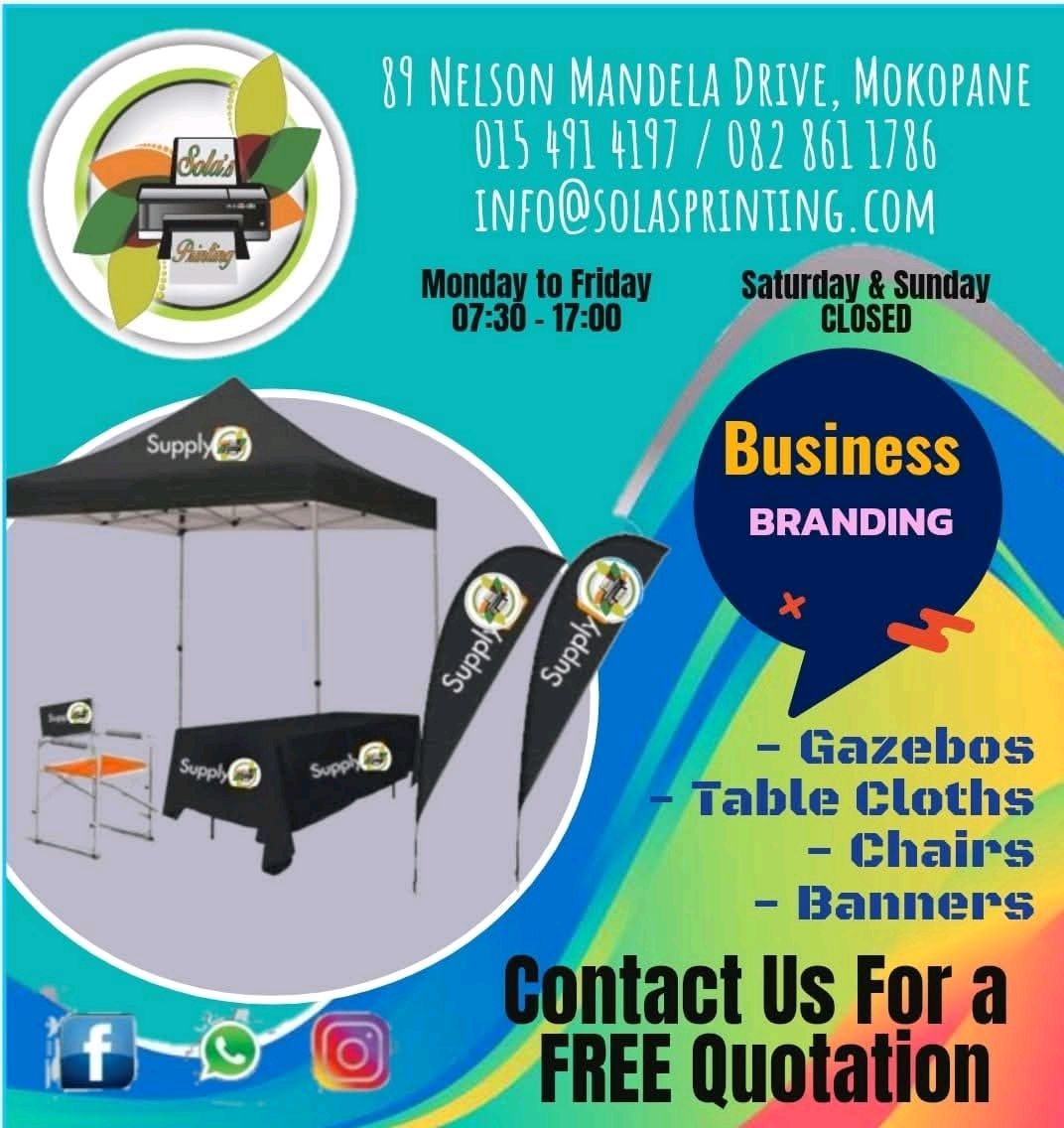 Pages_Potties's tweet image. 📣 Level up your business presence with Solas Printing in Mokopane! 🌟 From gazebos to banners - get premium branding solutions tailored for YOU! Contact us for a free quotation at 89 Nelson Mandela Drive. 🏢 #BusinessBranding #Mokopane #SolasPrinting