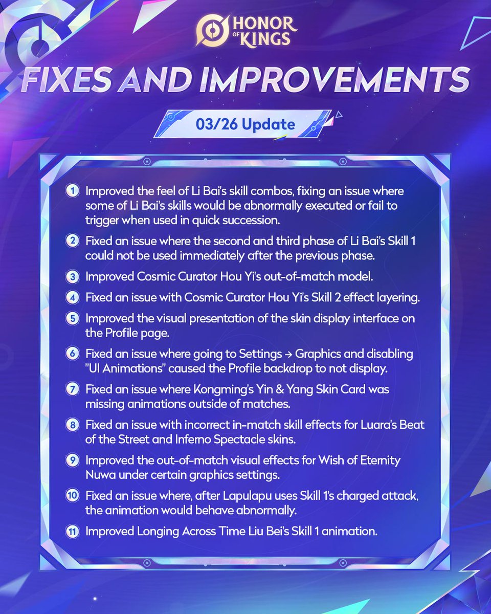 HonorOfKings's tweet image. 03/26 Update | Bug Fixes！

👀 Check at one click which bug issues have been fixed in this update
🎮 Come and experience it now! If you encounter any issues, feel free to report them at any time～

#HonorofKings #HOK #bugs
