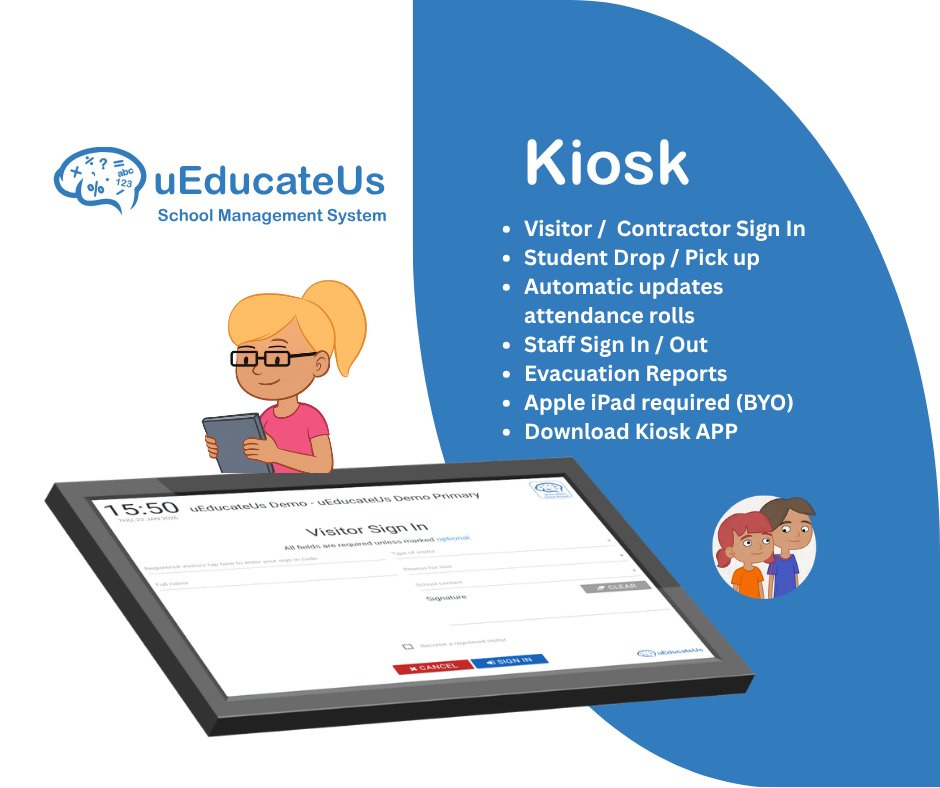 uEducateUs's tweet photo. An Apple iPad and the Kiosk APP is all schools need to utilise this feature of uEducateUs. If you have an evacuation don't forget to grab the ipad on your way out! It'll show you a visitors and contracters report.
#schools #principals #businessmanagers https://t.co/pgQuyQLfZT