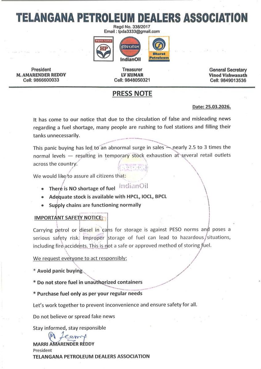 bandisanjay_bjp's tweet photo. An appeal to the people of Telangana : Please do not believe fuel shortage rumours.

There is no shortage of petrol or diesel.

Oil companies and dealers’ associations have made it clear that there are adequate fuel stocks and supply is continuing without any disruption.

Hon’ble PM Shri @narendramodi ji’s government is closely monitoring the situation.

Buying fuel beyond requirement out of panic can create an artificial shortage. Please purchase only what is needed.