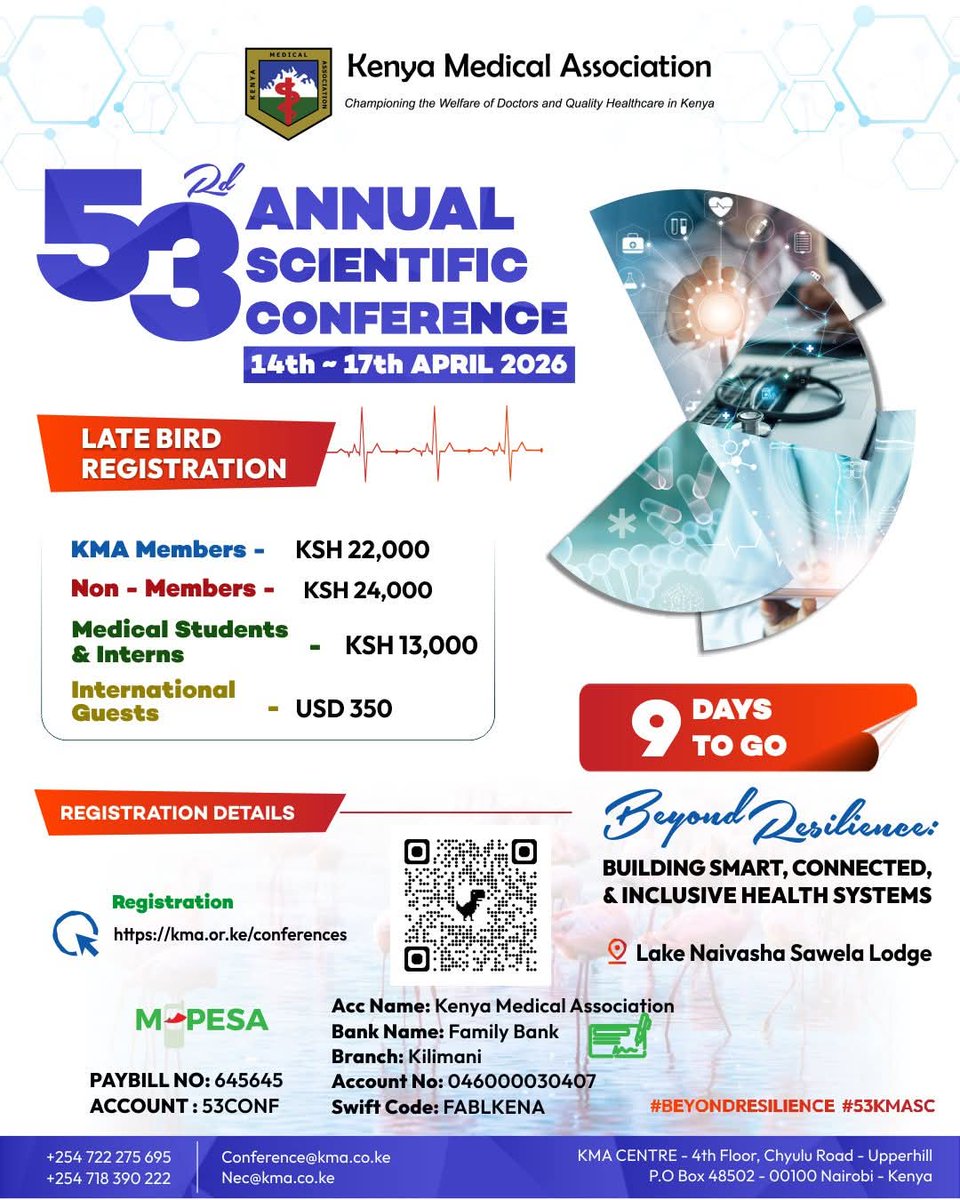 KenyaMedics_KMA's tweet photo. Healthcare is evolving — are you part of the transformation?
From AI to digital health solutions, innovation is redefining care delivery.
⏳ Late Bird Deadline: 3rd April
🖥️ Register: https://t.co/DSACAYDSGl
Building smarter, more inclusive systems.
#BeyondResilience #53KMASC https://t.co/SvPJHMNMQT