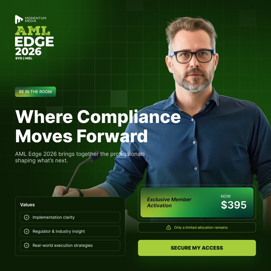 LawyersWeekly's tweet image. FLASH SALE ALERT! Book your seats for only $395 during our limited-time offer to save!

Book your seats for AML Edge 2026 now: bit.ly/49M2kDA 

#AMLEdge2026 #AMLcompliance #regulations #tranche2 #finance #compliance