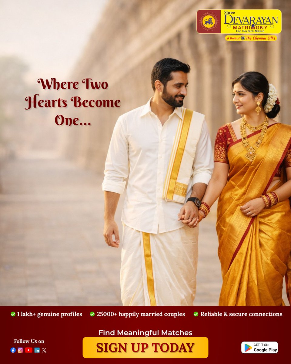 Shree_Devarayan's tweet photo. Where two hearts become one… 💍
Your perfect life partner is just one step away.

Why Choose Us?
✨ 1 Lakh+ Genuine Profiles
💛 25,000+ Happy Marriages
💍 Personalized Matchmaking Support
🔒 Safe &amp; Secure Matches

#sreedevaranmatrimony #tamilmatrimony https://t.co/A7PWfEE9Ba