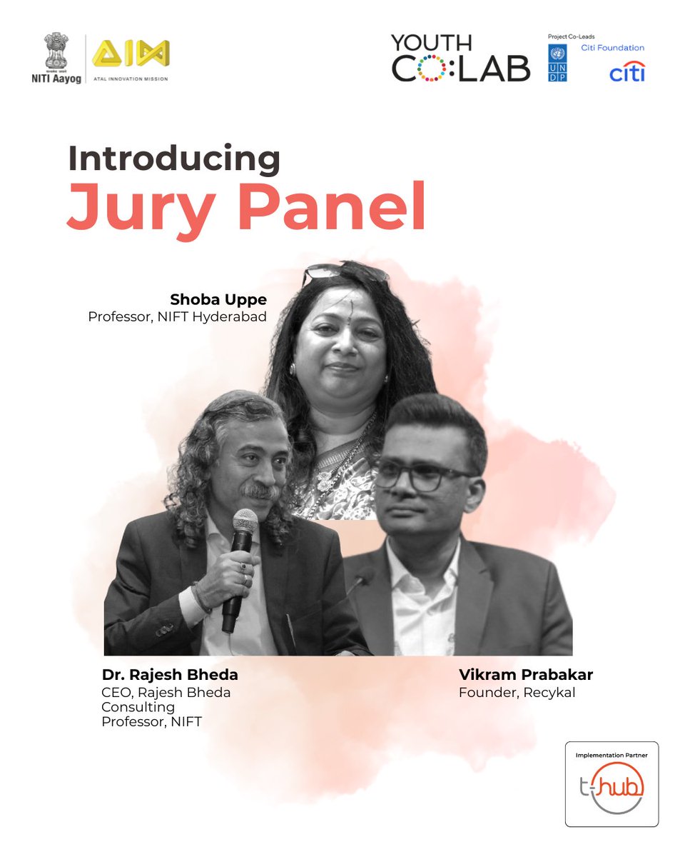 UNDP_India's tweet photo. ✨We’re delighted to unveil the jury for the Youth Co:Lab National Innovation Challenge 2026, an initiative supporting young entrepreneurs to develop solutions aligned with Mission LiFE and India’s sustainable development priorities.🌱🌍

With over 350 applications received from across India, we’re grateful to our distinguished jury members for their time, thoughtfulness, and rigorous evaluation.

Stay tuned, the first shortlist will be announced soon, with the Top 50 startups to follow shortly🚀

@AIMtoInnovate 
@THubHyd