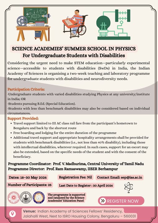 IAScBng's tweet photo. Applications are invited for the Science Academies’ Summer School in Physics for undergraduate students with disabilities and and neurodiversity needs. Register at: https://t.co/EJdo0tEDEF #STEM #STEMEducation #Education #Research #Undergraduates #Physics https://t.co/FO4wf9npP2