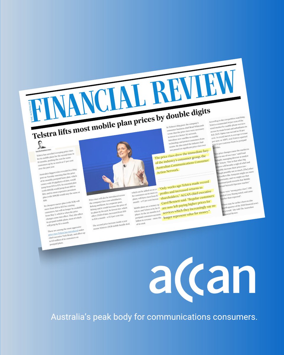 ACCAN_AU's tweet photo. Shareholders up, Australians down.  Telstra raises mobile prices for the 2nd time in 10 months - up to 17% in a year. Few weeks after making record profits and increasing returns to shareholders, Australians are asked to pay more.  Full article by @SamEBJones in
@FinancialReview https://t.co/nQHfhQSKp7