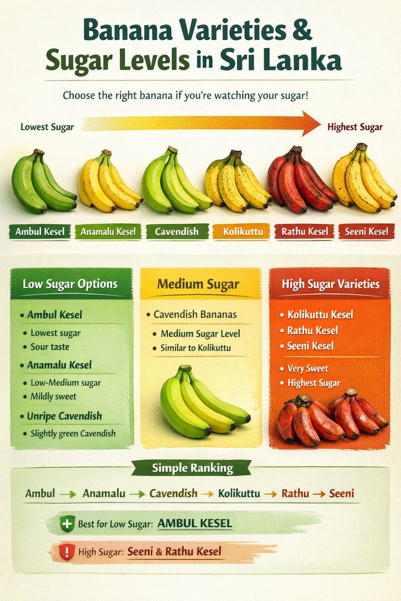 TechyTee's tweet image. Sri Lankan banana varieties and their sugar levels. #lka #chatgpt