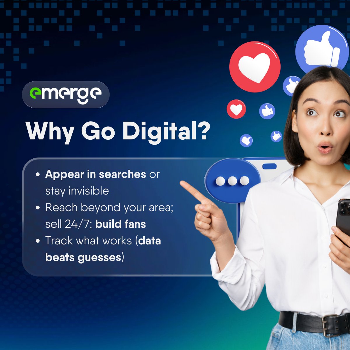 getemerge's tweet photo. Offline only? Your customers already went digital! 📱
Small business check: Google + social + e-com = new reality. Emerge’s 7 steps deliver simple site, smart channels, social wins, ads + data growth—no wasted budget.

Read the full blog on 👉https://t.co/RIyRLWmpxm https://t.co/ckqmvwwVh1
