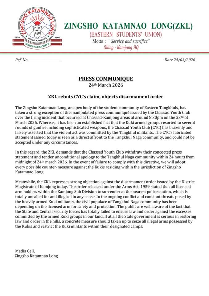 PaomiToday's tweet photo. β οΈ ZKL Rejects Claims, Opposes Disarmament Order
Student body hits back at CYC, questions directive amid rising tensions.
#paominews #paomitoday #conflictent #manipuri #manipur #imphal #conflictmanagement #intags #foryou #fyp #ManipurNews #ZKL #Kamjong #SecurityIssue #Northeast https://t.co/2RODnSS8Fj