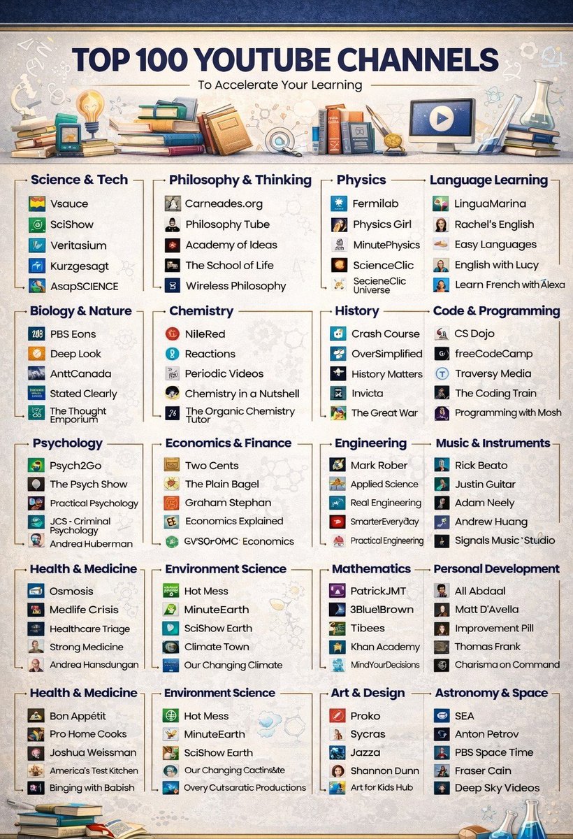 MindsetF28912's tweet photo. 🌍 BEST 100 YOUTUBE CHANNELS TO LEARN KNOWLEDGE!

Unlock the internet’s smartest content in one list. 

You’re one scroll away from getting smarter than 99% of people. 👀

Retweet 🔁 &amp; comment 💬

Follow @MindsetF28912 pfor more such tech insights &amp; hidden gems. 🚀 https://t.co/nFDeohXZS2
