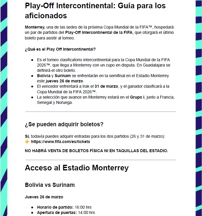 SancadillaNorte's tweet photo. La Guía que nos pasa @MonterreyFWC26 para los aficionados que asistirán al Bolivia 🇧🇴 vs. Surinam 🇸🇷 y el Irak 🇮🇶 vs. Bolivia 🇧🇴 o Surinam 🇸🇷 por un boleto mundialista. https://t.co/dxe9ZRrjvp