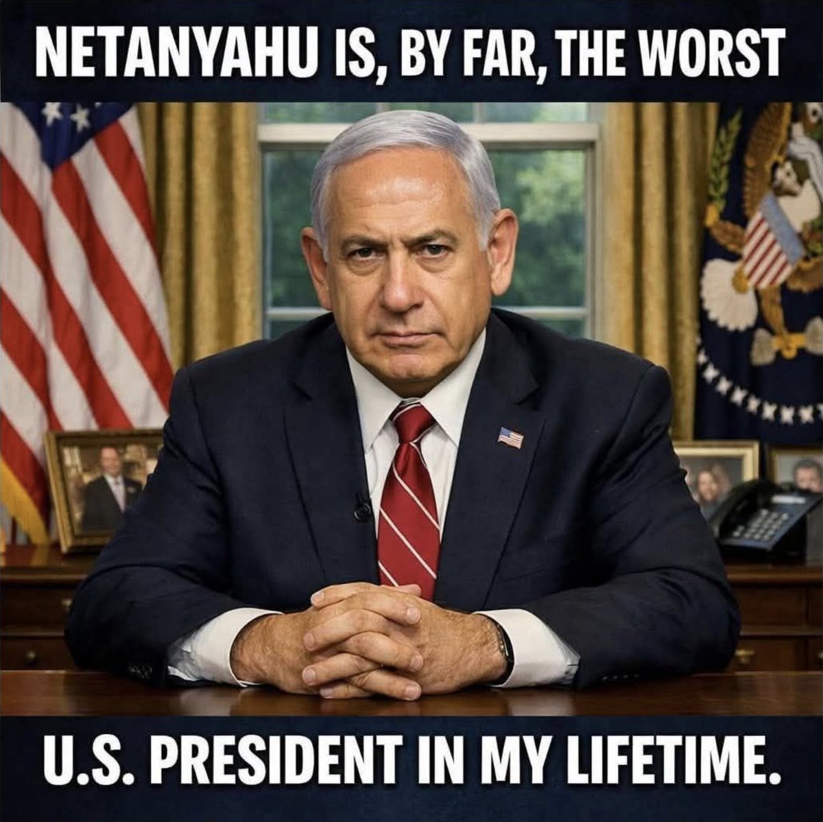 StatonKymJ's tweet photo. Netanyahu, you vain pasty peacock of power, draped in hollow authority, with your permanent stern gaze and rigid macho posture. You reek of arrogance and cloaked fear.

Billions in American aid flows to your rogue state while human rights violations keep mounting unchecked.

If we care about justice, we cannot ignore suffering for alliances.

We must call out America and Israel, their ethics are some of the dodgies spin uttered in the 21st Century.

Somewhere tonight a mother whispers hope while the world chooses silence again..

For powerful insights into the nature of empire: 🕊 Watch ‘THE TRUST FALL’ film for FREE 👇🏼 https://t.co/5UIsvcV6kE
❤️ Support the project 👉🏼 https://t.co/DGhRnjxTMF
THE TRUST FALL is a peace movement.