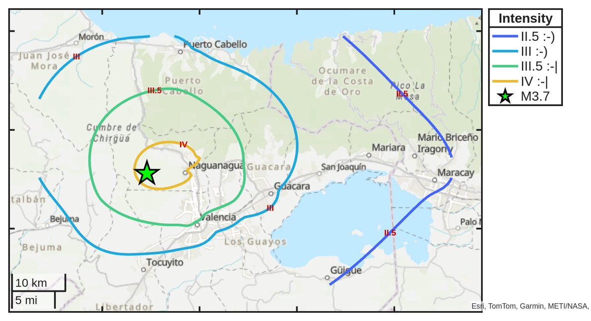 Mapa de intensidad del #sismo M3.7 ocurrido a las 00:53:00 (UTC) con epicentro a 15 km de San Diego, Venezuela. Descarga la app Sismo Detector desde sismo.app/es/download para recibir alertas en tiempo real en tu smartphone