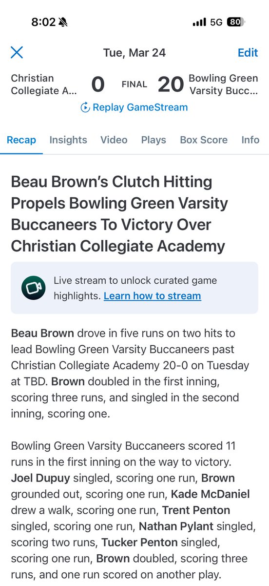 beaubgs10's tweet photo. Had a great day at the plate 2-3 2b 5 rbi https://t.co/yCQCaX22sl