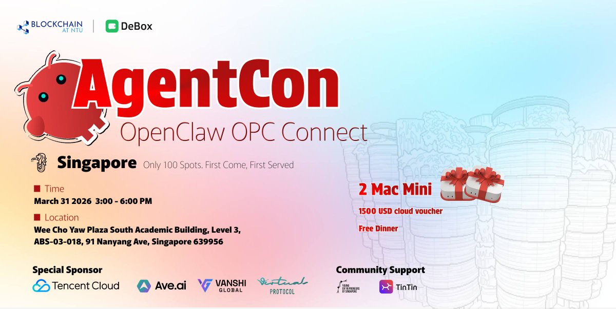 virtuals_io's tweet photo. Virtuals Protocol is sponsoring AgentCon at Nanyang Technological University(NTU) in Singapore on March 31. Build agents with OpenClaw, demo your work, and connect with developers pushing on-chain AI forward.

RSVP Below https://t.co/VhNVYYxKdr