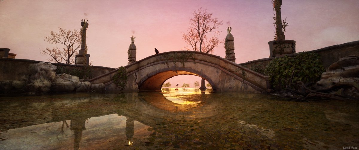 Stillness at sundown (#OutsideTheBlocks #ConceptArt #Sunset #Bridge #Water)