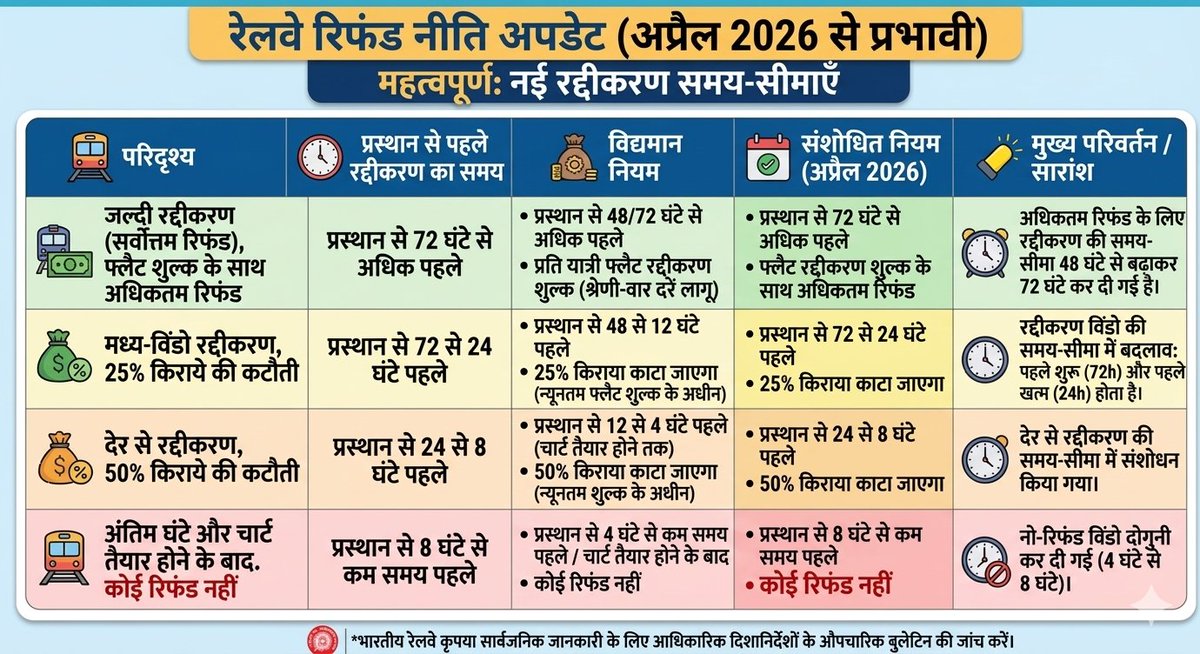sikar_junction's tweet image. 🚨 रेल टिकट कैंसिलेशन के नए नियम

🔸अब ट्रेन छूटने से 8 घंटे पहले टिकट कैंसिल तो रिफंड नहीं
🔸2 नहीं, 3 दिन पहले कैंसिल पर पूरे पैसे
🔸30 मिनट बाकी, बदल सकेंगे बोर्डिंग स्टेशन
#IndianRailways #Railnews #Railwaynews #railways